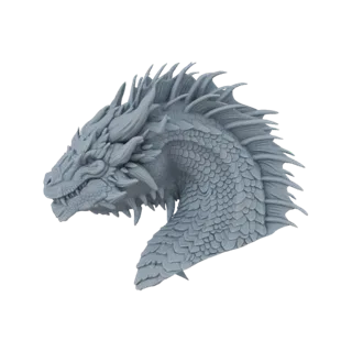 3D model of a grey, highly detailed dragon head bust with intricate scales and sharp horns, viewed from the side.