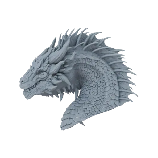 3D model of a grey, highly detailed dragon head bust with intricate scales and sharp horns, viewed from the side.