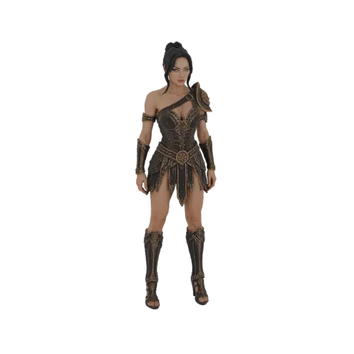 Modelo 3D de guerrera con armadura ornamentada, de pie con confianza y expresión decidida.