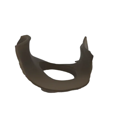 A 3D render of a U-shaped mandible, presented against a black background, highlighting its bone structure and curvature.