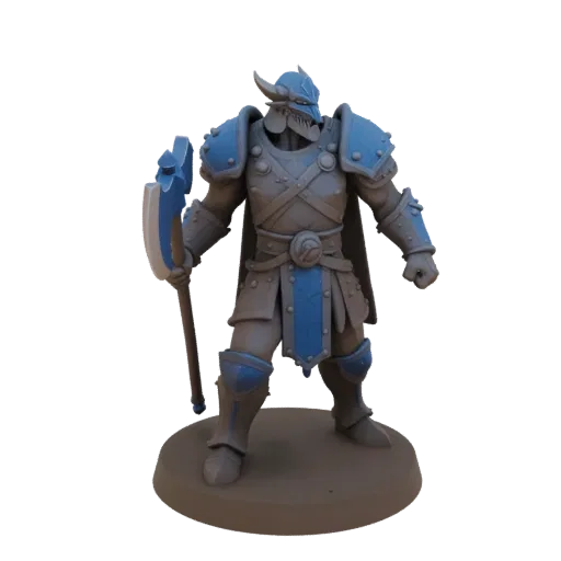 Figurine STL de Barbare Dragonborn Médiéval, rendu sur table en trois quarts, figurine de boss imprimable en résine avec pose