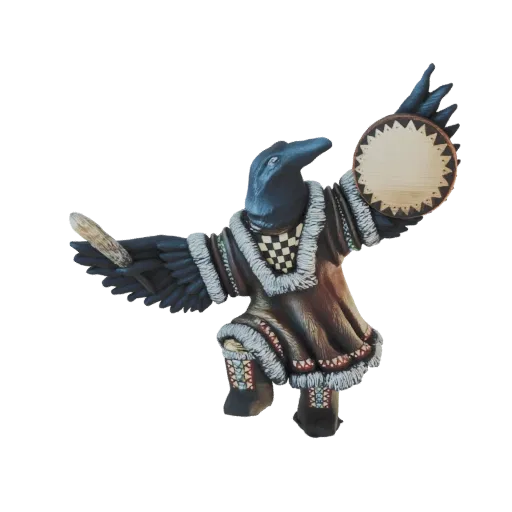 3D model of a shamanic raven wearing traditional clothing, holding a drum in one wing and a rattle in the other, in a dynamic