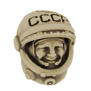 3D model of a retro Soviet cosmonaut helmet bust with 'CCCP' inscription, showing a smiling face inside.