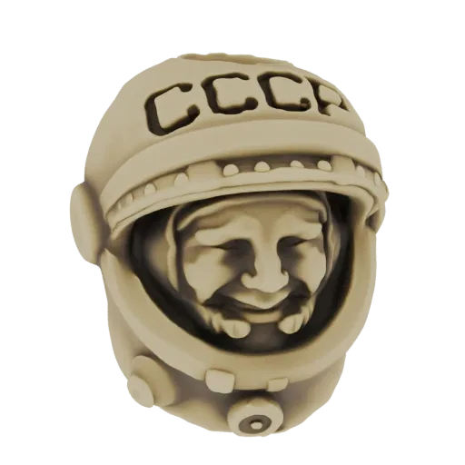 Modelo 3D de un busto de casco de cosmonauta soviético retro con inscripción 'CCCP', mostrando una cara sonriente dentro.