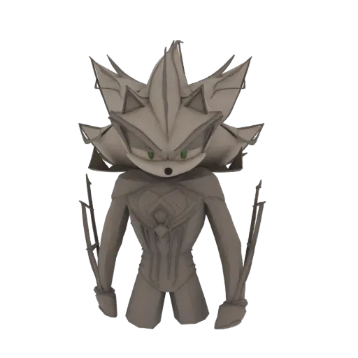 3D model render of Super Sonic depicted as a stone statue, with sharp quills and green eyes, against a black background.