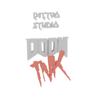 Render 3D del logo DOOM TANK con 'DOOM' en letras blancas y 'TANK' en estilo salpicadura de tinta rosa, con 'TATTOO STUDIO' a