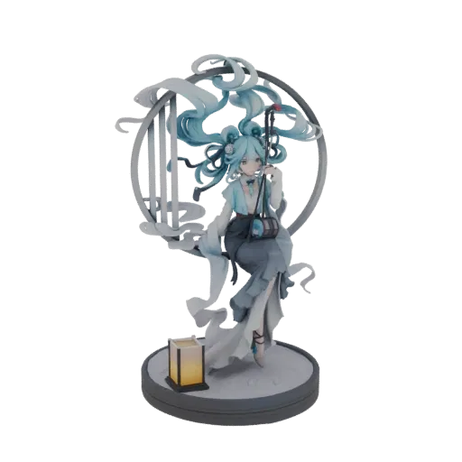 3D model of an elegant female musician in traditional Asian-inspired clothing, playing a two-stringed fiddle, seated on a dec