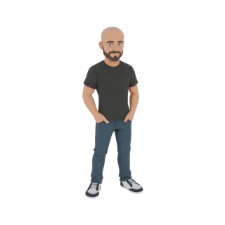 Modelo 3D de hombre calvo con barba, vistiendo camiseta negra y jeans azules, de pie con manos en los bolsillos.