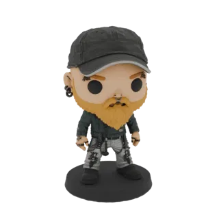 Modelo 3D de um personagem rocker punk no estilo Funko Pop, vestindo boné, jaqueta e calças rasgadas, com tatuagens e piercin