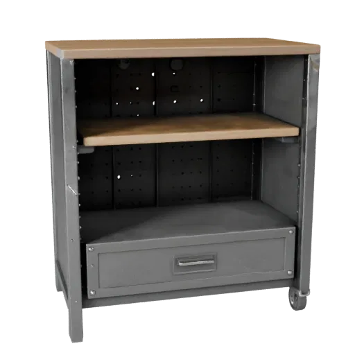 Maker Parts Rack Low Poly 3D model, game viewport three-quarter view, showing steel frames, stable fixtures.