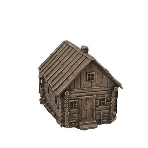3D model of a rustic log cabin with a shingled roof, stone chimney, and wooden door.