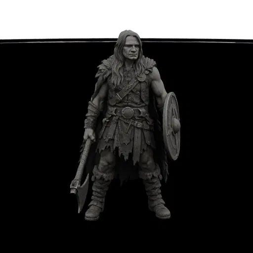 3D model of a fierce Viking warrior with long hair, wearing fur-trimmed armor, holding a battle axe and a round shield, again