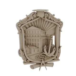 3D model of a Naval Academy emblem with an anchor, scroll, graduation cap, and classical building facade, rendered in a light