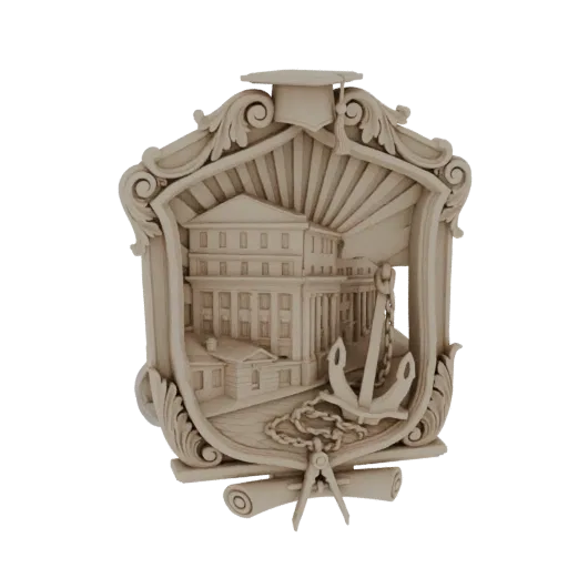 3D model of a Naval Academy emblem with an anchor, scroll, graduation cap, and classical building facade, rendered in a light