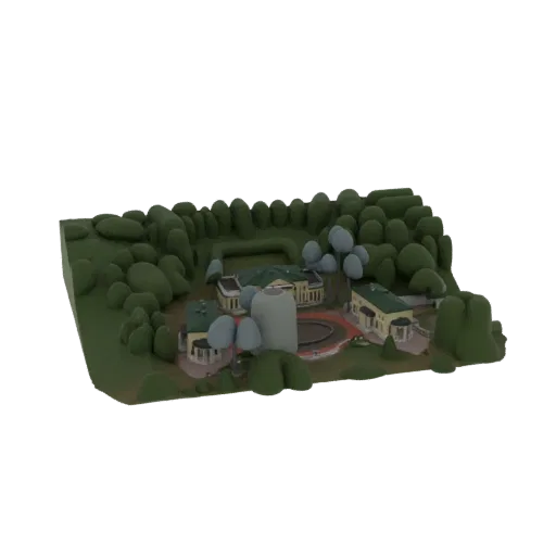 3D model of a stylized estate with a circular driveway, two buildings, and rounded green trees.