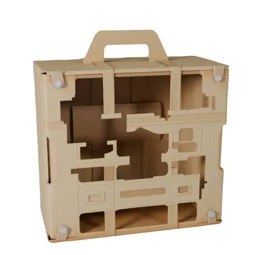 Boxed Chip Bag 3D model, three-quarter front view, AR viewer studio render, showing cardboard, package massing.