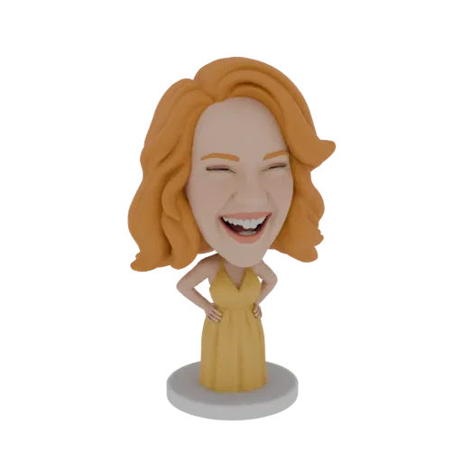 3D model of a joyful woman with orange hair, eyes closed in laughter, wearing a yellow dress, hands on hips, on a white base.
