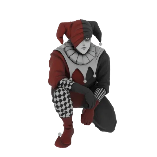 3D model of a jester character in a red and black costume, crouching with a sad expression.
