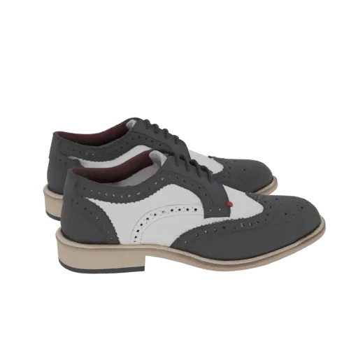 3D model of classic grey and white wingtip brogue shoes with detailed broguing and a beige sole.