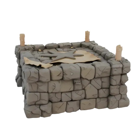 3D model of a medieval-style stone altar with pentagram, parchment, and candles