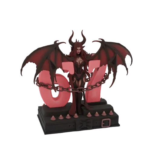 3D model of a demonic figure with large red wings, chained to a pink '07' numeral, on a spiked base.
