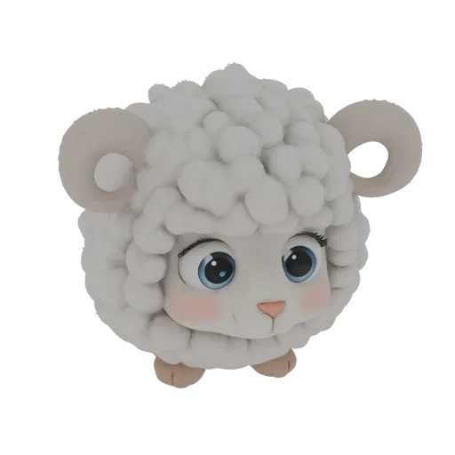 A 3D render of a cute, fluffy sheep figurine with big blue eyes, rosy cheeks, and a clay-like texture, isolated on a white ba