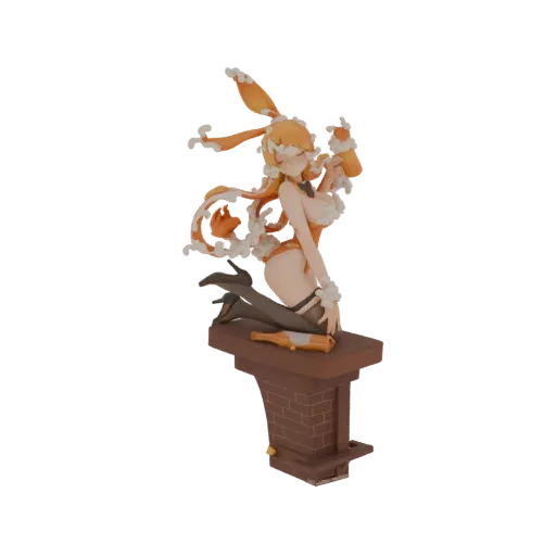 3D model of a festive bunny girl in a Christmas outfit, kneeling on a brick chimney with a bottle, rendered against a white b