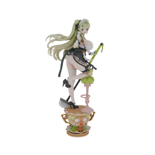 3D model of a maid figure with blonde hair, wearing a black and white maid outfit, holding a broom, and standing on a decorat