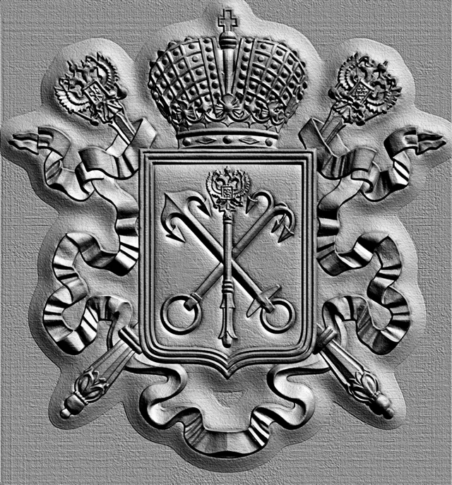 3D model of a bas-relief with an imperial crown, crossed anchors, and scepters, in a heraldic style.
