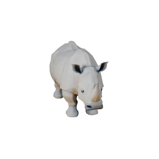 Modelo 3D de Rinoceronte Blanco Low Poly, vista lateral de cámara de gameplay, asset de animal low-poly con equilibrio de pos