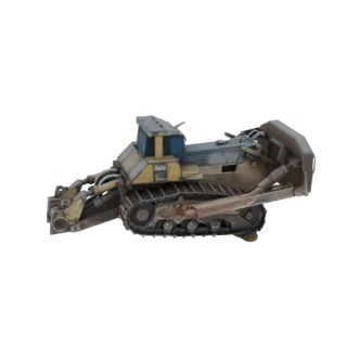 3D-Modell einer gelb-blauen, robusten Raupen-Planierraupe mit großem Grubber-Anbaugerät auf weißem Hintergrund.