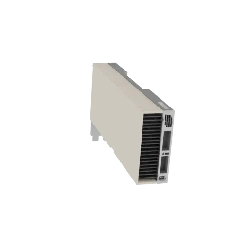 3D model of an industrial heat exchanger unit with a beige casing and a detailed finned heat sink.