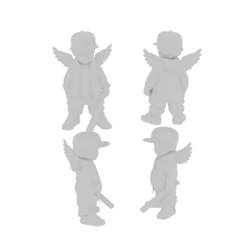 3D model preview of a streetwear angel kid figurine, shown from multiple angles, featuring a child with wings wearing a baseb