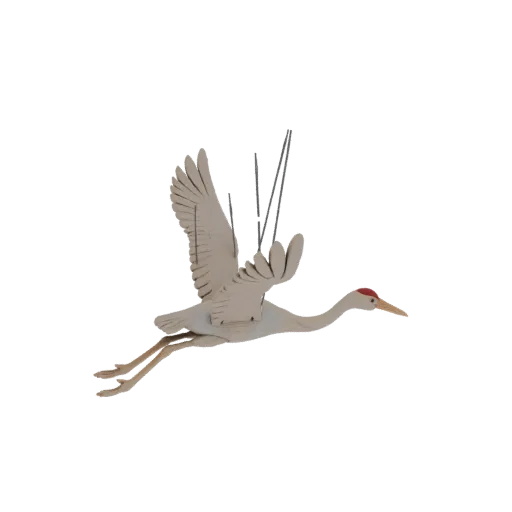 3D-Modell eines hellen Kranichs mit geschichteten Flügeln und rotem Kopf, im Flug mit ausgestreckten Beinen.