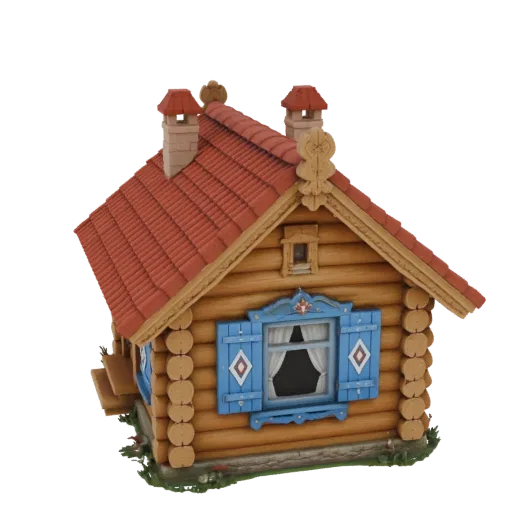 Modèle 3D d'une cabane en rondins rustique avec toit de tuiles rouges et volets bleus, sur fond blanc.