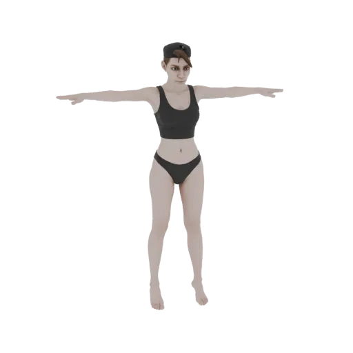 Modèle 3D de personnage féminin en T-pose, portant un bikini noir, bras tendus.