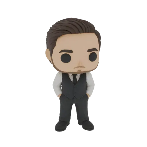 3D model of a chibi gentleman wearing a white shirt, dark vest, and tie, with brown hair and hands in pockets.