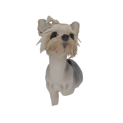 3D model of a cute Yorkshire Terrier dog wearing a bow, looking upwards with an attentive expression.
