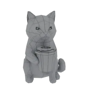 Un modèle 3D low-poly d'un chat gris assis tenant une petite poubelle, avec un rendu filaire visible.