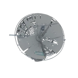 Top-down view of a detailed 3D model of a futuristic satellite dish with a complex, spoked structure and central hub.