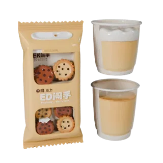 Snack Cookie Pack 3D-Modell, Drei-Viertel-Frontansicht, AR-Viewer-Studio-Rendering, das Karton und Paketmasse zeigt.