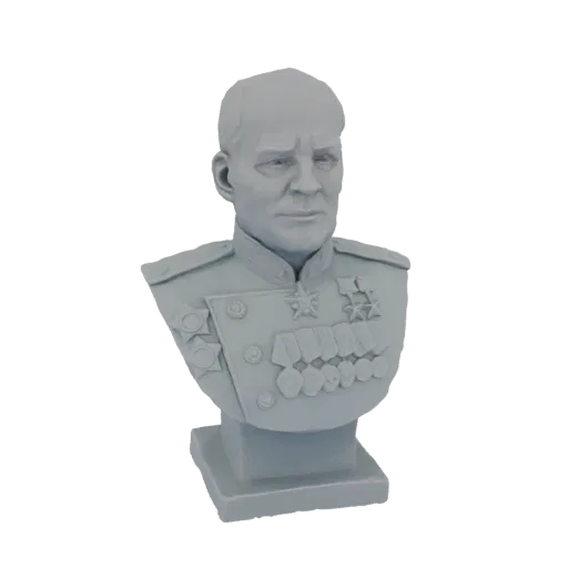 3D model render of a grey bust of a Soviet General wearing a decorated uniform with multiple medals.