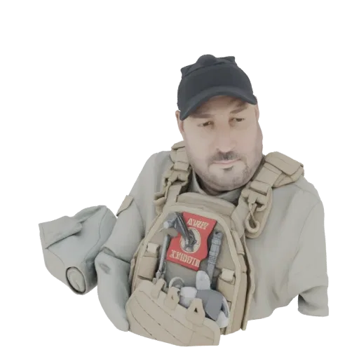 3D model render of a tactical operator bust wearing a cap and tactical vest with patches and gear.