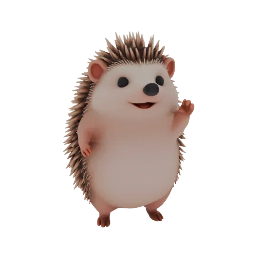 Modèle 3D de hérisson joyeux, debout sur ses pattes arrière et agitant une patte, avec un sourire amical.