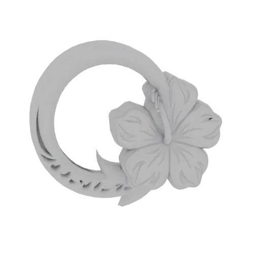 3D model of a crescent moon with a detailed hibiscus flower attached, rendered in a light gray material.