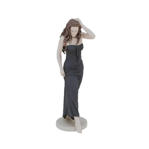 Modèle 3D d'une femme aux longs cheveux bruns portant une robe noire bustier, debout gracieusement sur une base circulaire.