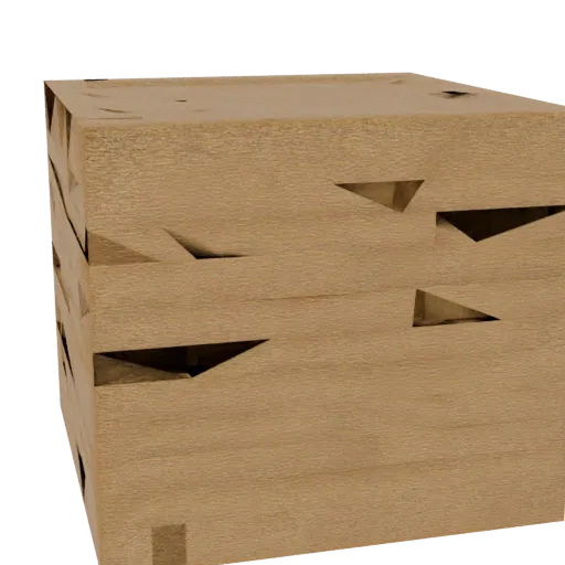3D model of a wooden box with visible dovetail joints and wood grain texture, set against a black background.