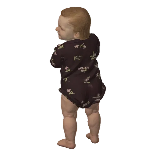 3D model of a baby wearing a dark floral onesie and holding a small white toy, with a slight smile.