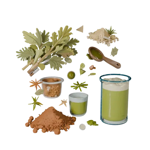 Pantry Herb Bundle Stylized 3D model, stylized isometric render, showing powders, small ingredient shapes.