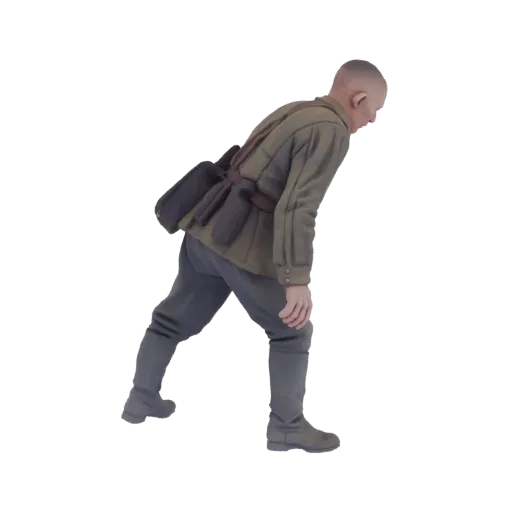 3D model of a soldier in a green uniform leaning forward, with a bag slung over his shoulder.